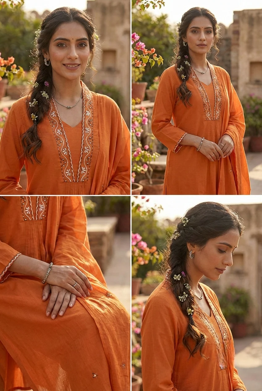 Orange Cotton Hand Embroidery Three Piece Set - Image 5