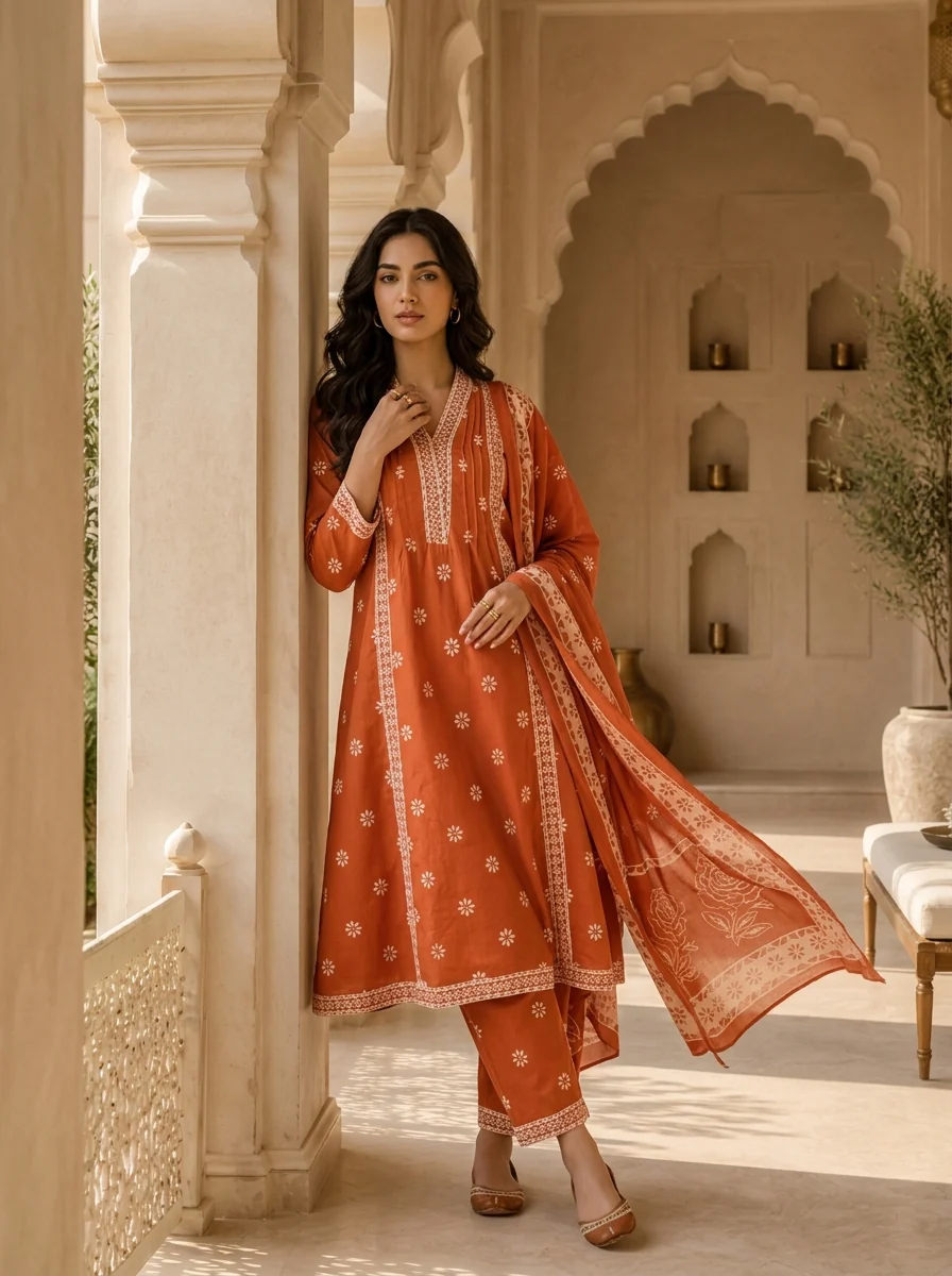Orange Cotton Printed And Beads Embroidered Three Piece Set