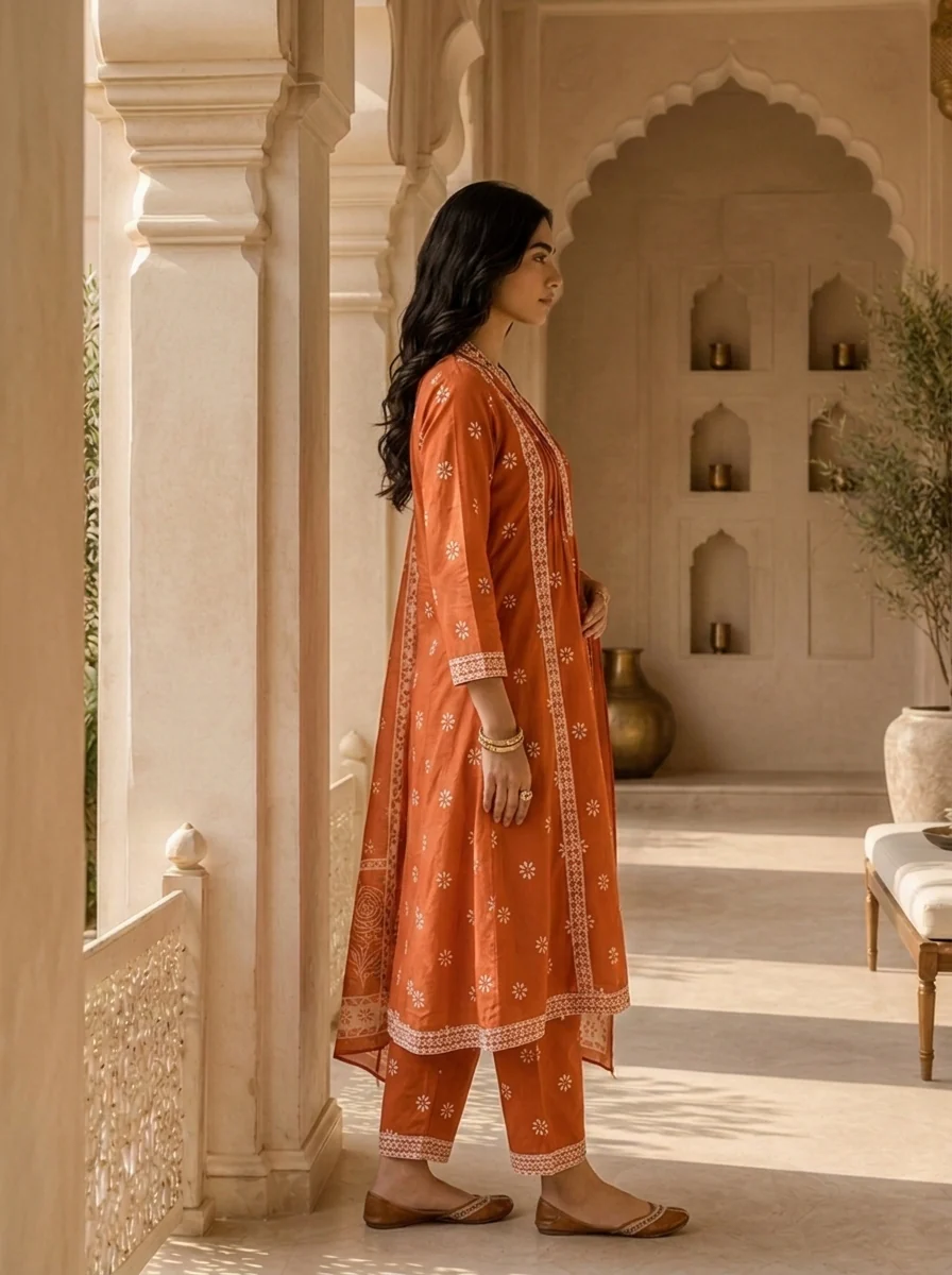 Orange Cotton Printed And Beads Embroidered Three Piece Set - Image 3