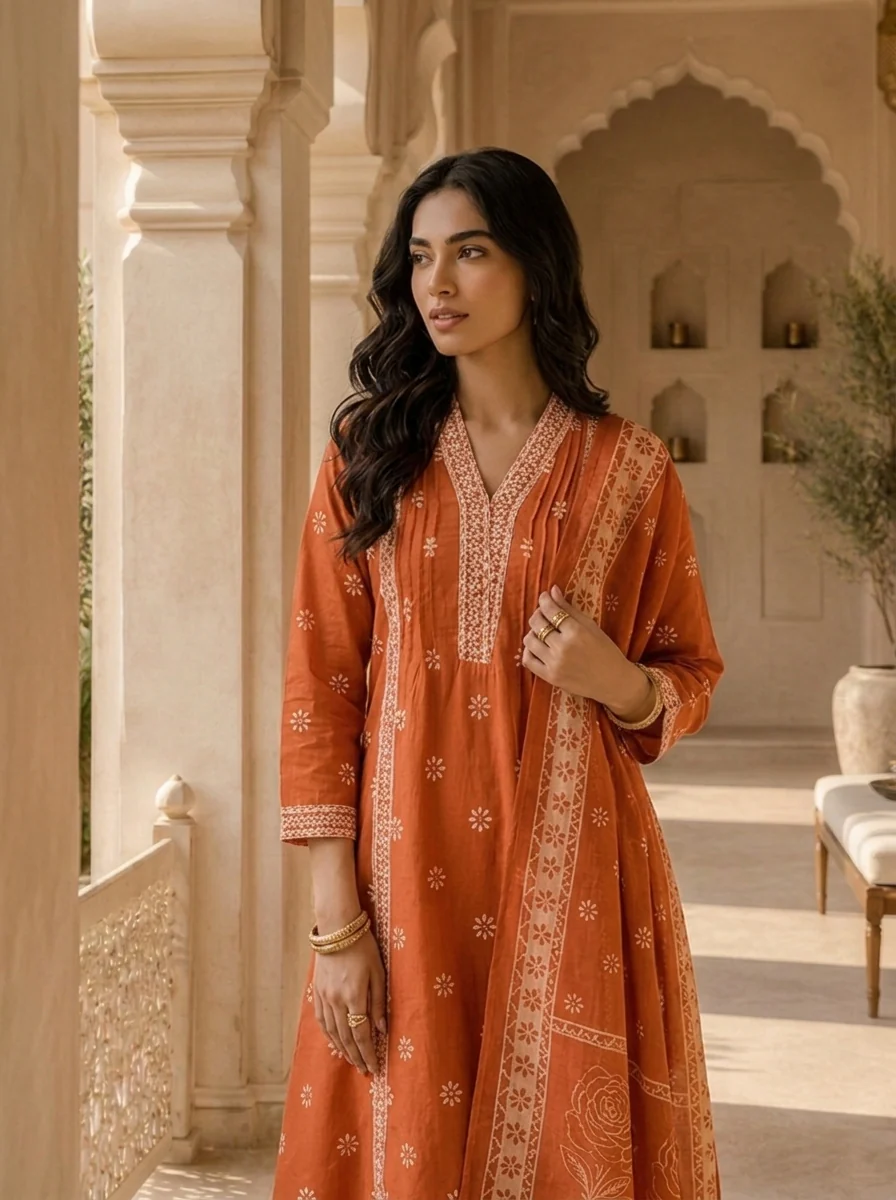 Orange Cotton Printed And Beads Embroidered Three Piece Set - Image 4