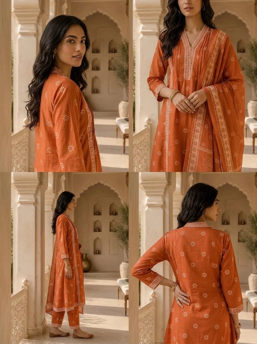 Orange Cotton Printed And Beads Embroidered Three Piece Set - Image 5