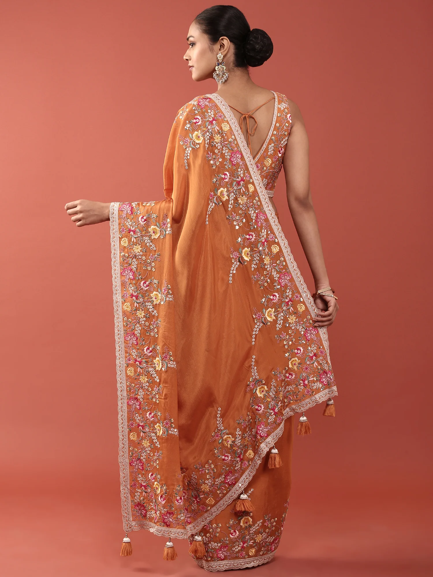 Orange Crepe Embroidery Saree With Readymade Blouse - Image 2