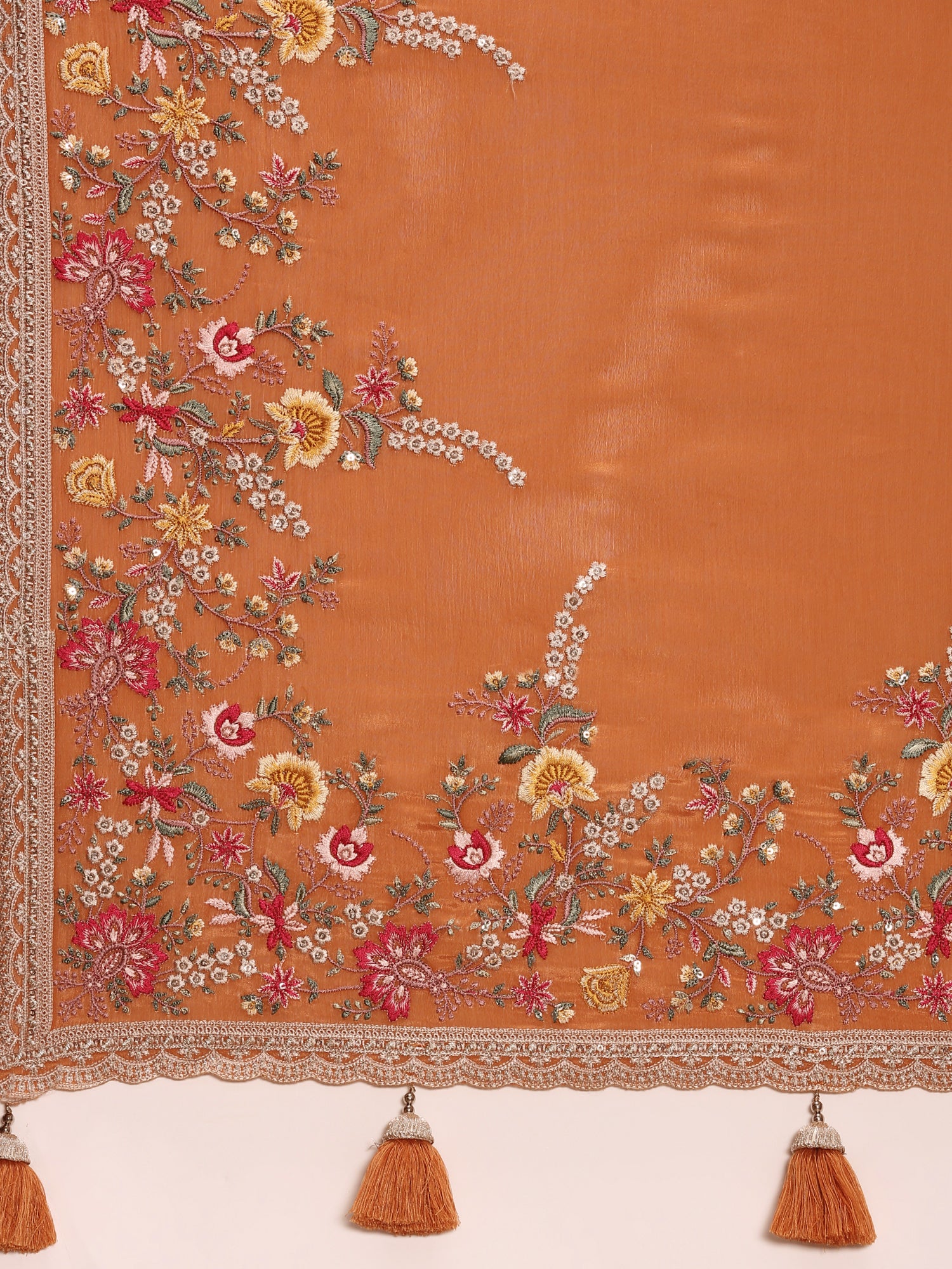 Orange Crepe Embroidery Saree With Readymade Blouse - Image 5