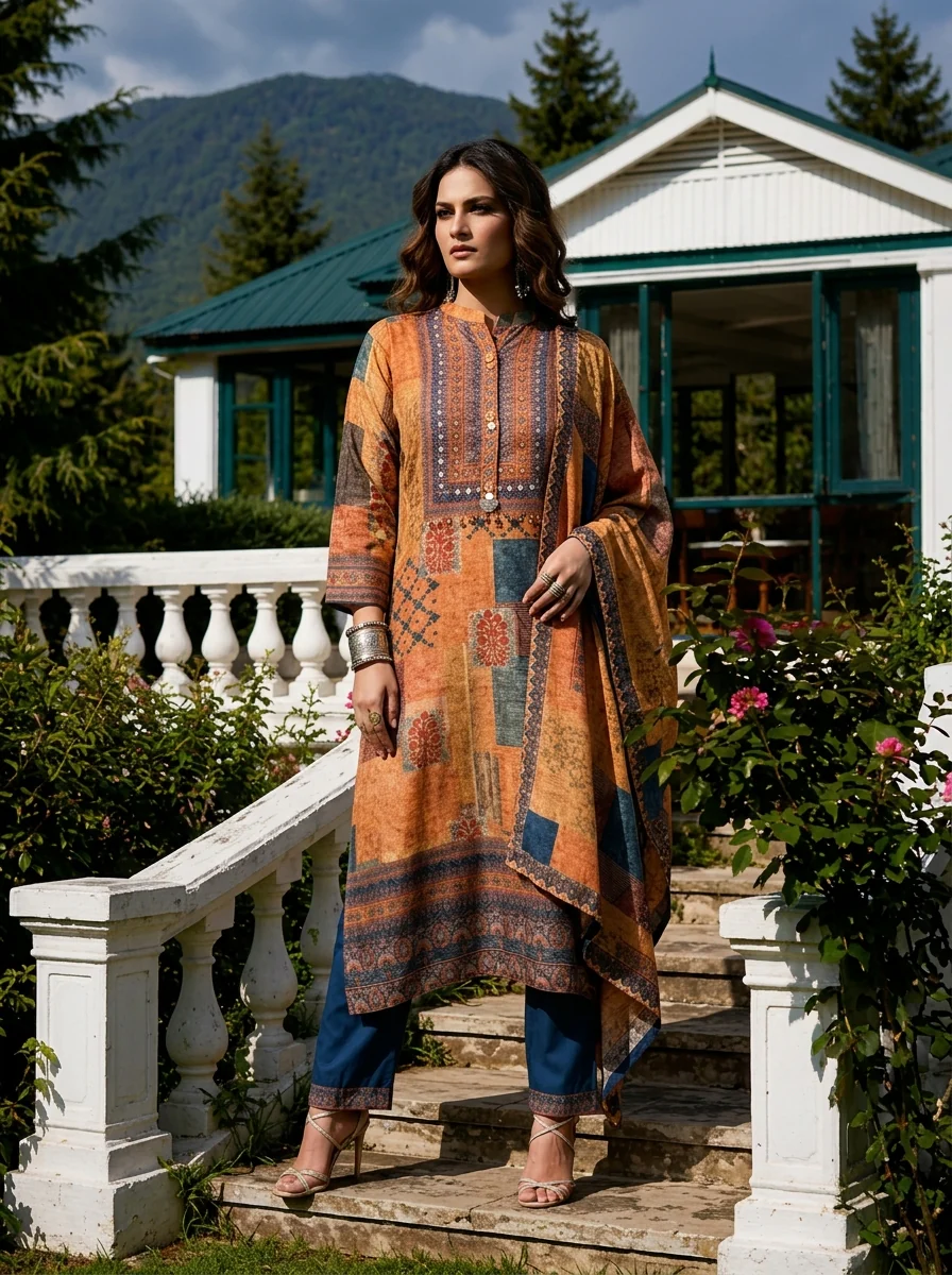 Orange Crepe Patch Printed Three Piece Set - Image 2