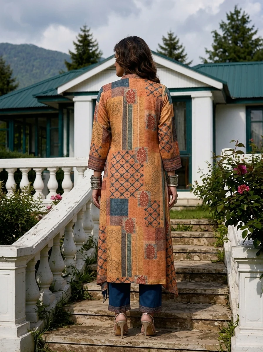 Orange Crepe Patch Printed Three Piece Set - Image 3
