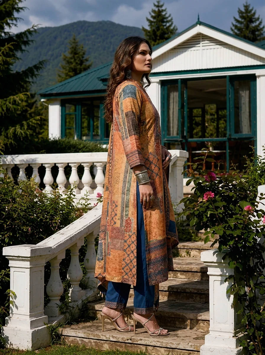 Orange Crepe Patch Printed Three Piece Set - Image 4