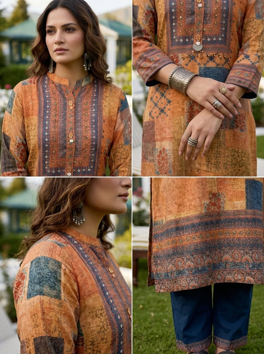 Orange Crepe Patch Printed Three Piece Set - Image 5