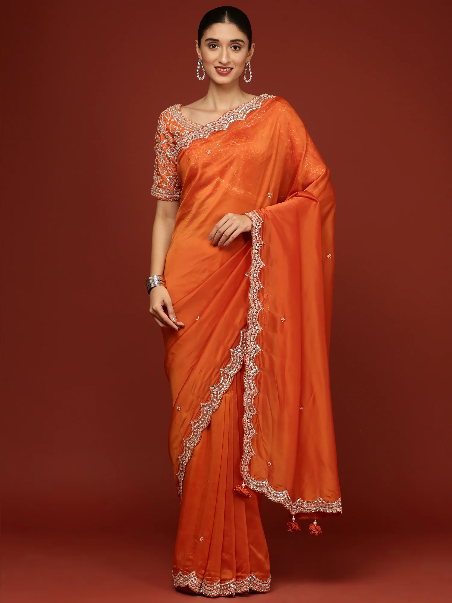 Orange Crepe Saree With Heavy Work Readymade Blouse