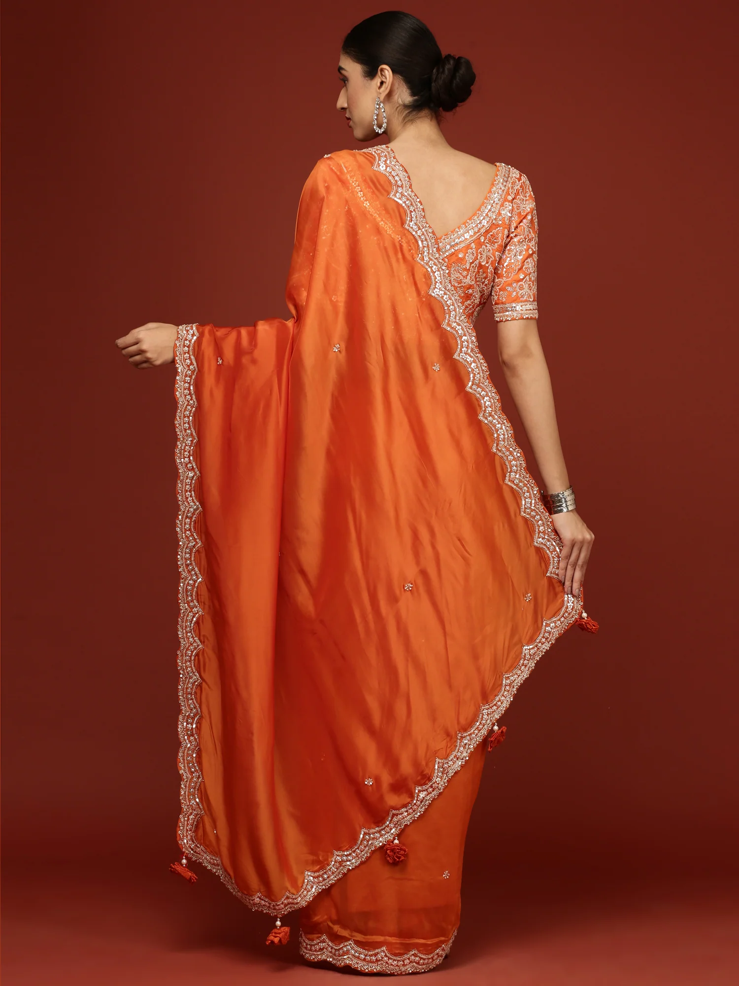 Orange Crepe Saree With Heavy Work Readymade Blouse - Image 3
