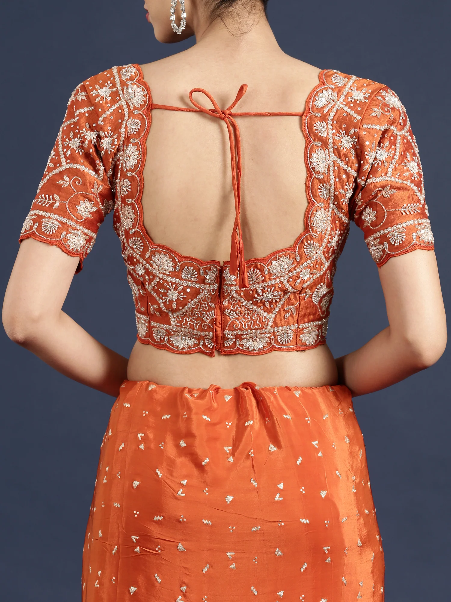 Orange Crepe Saree With Stone Work Readymade Blouse - Image 8