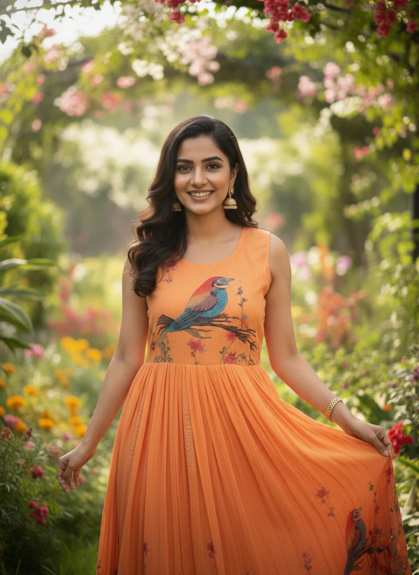 Orange Dola Poly Beads And Stone Printed Long Dress - Image 2