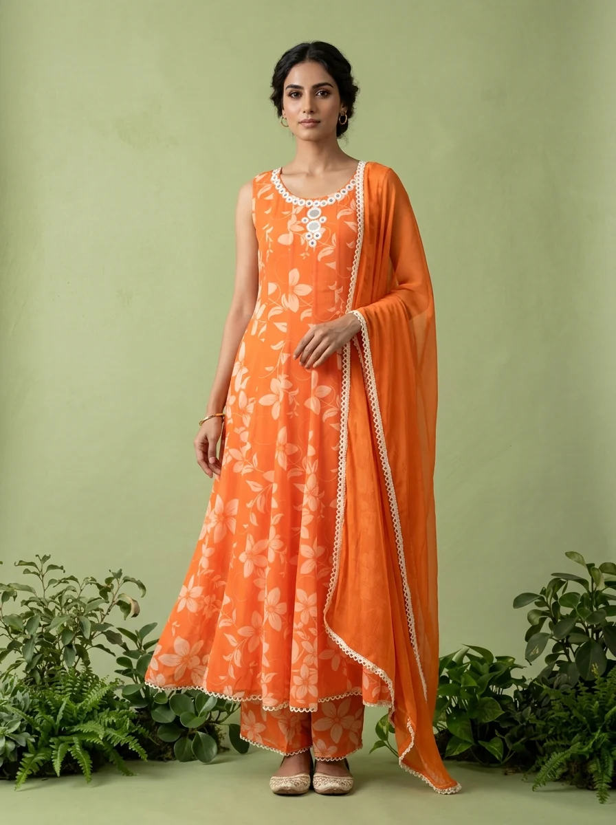 Orange Georgette Floral Printed And Mirror Embroidered Three Piece Set - Image 2