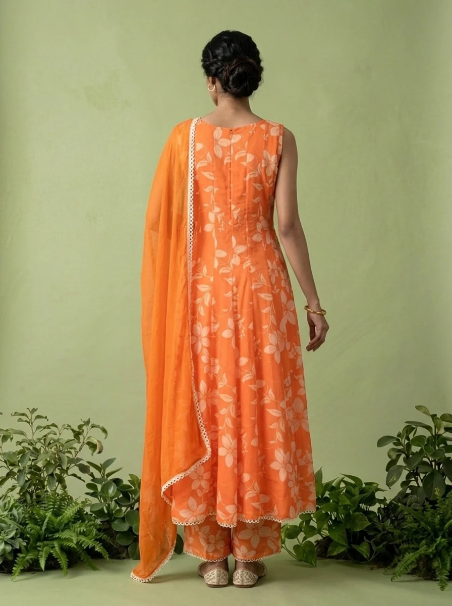 Orange Georgette Floral Printed And Mirror Embroidered Three Piece Set - Image 3