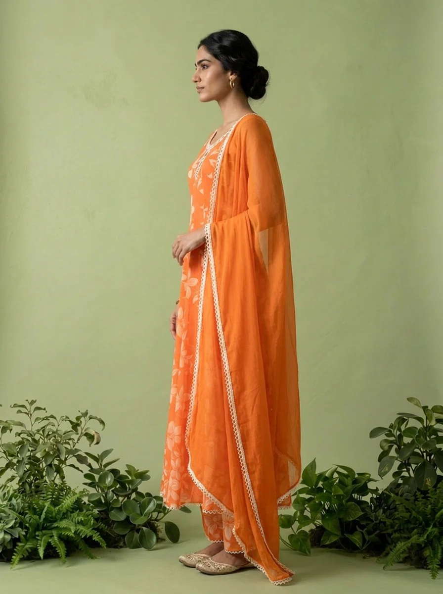 Orange Georgette Floral Printed And Mirror Embroidered Three Piece Set - Image 4