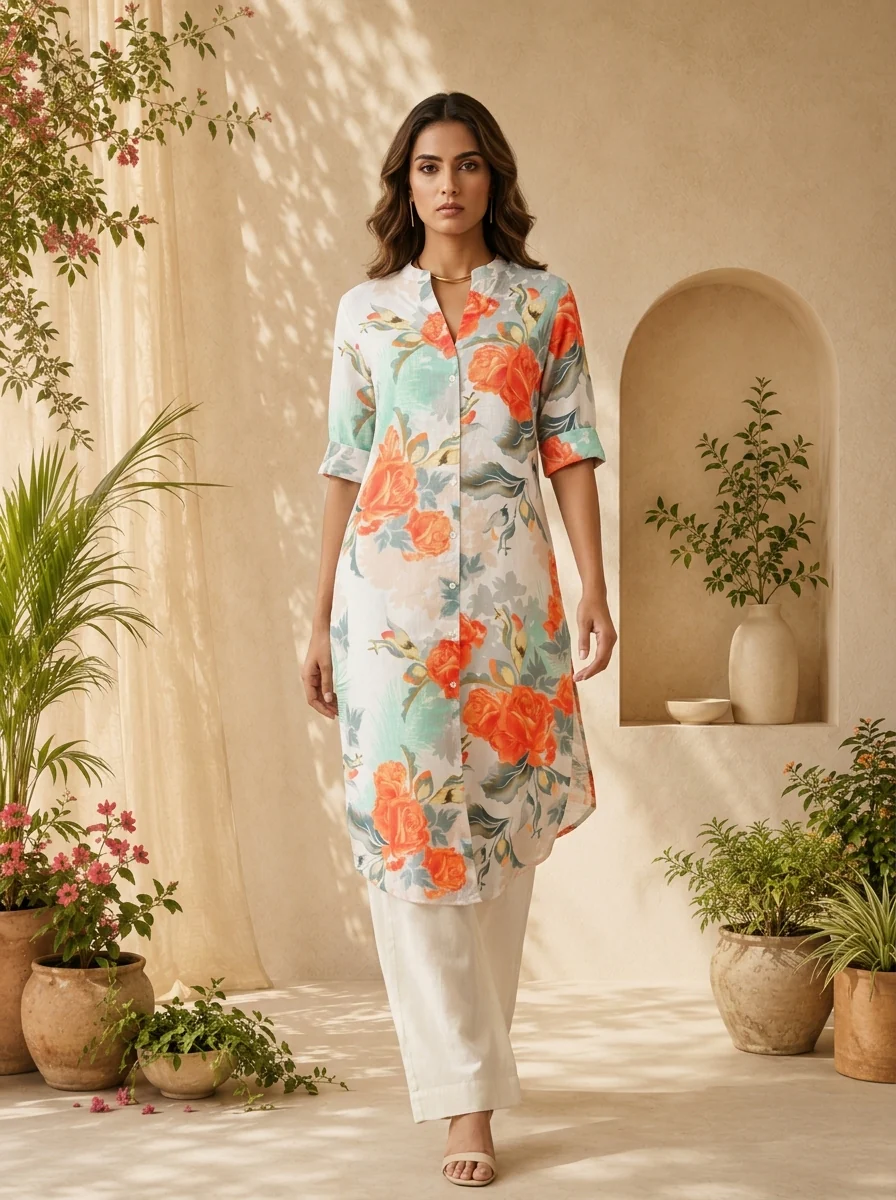 Orange Linen Floral Printed Straight Kurta - Image 2