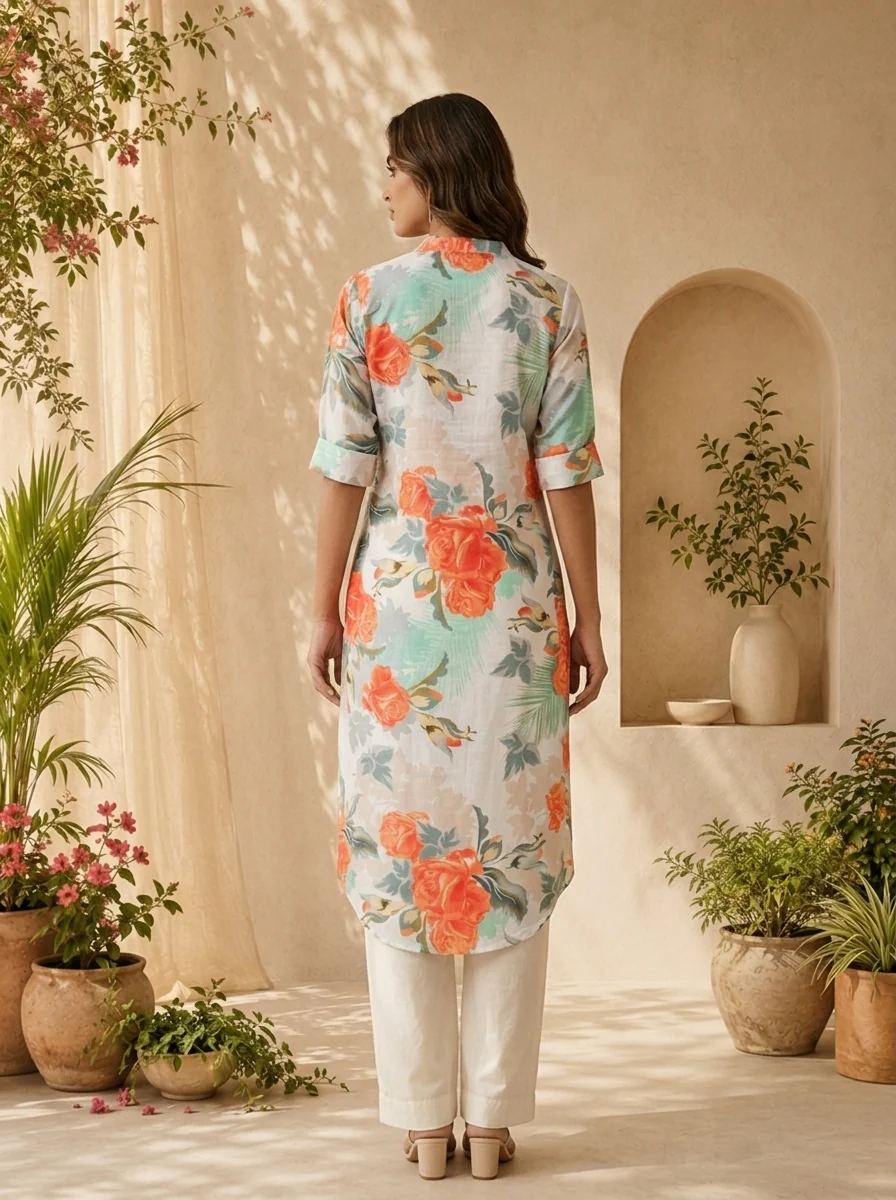 Orange Linen Floral Printed Straight Kurta - Image 3