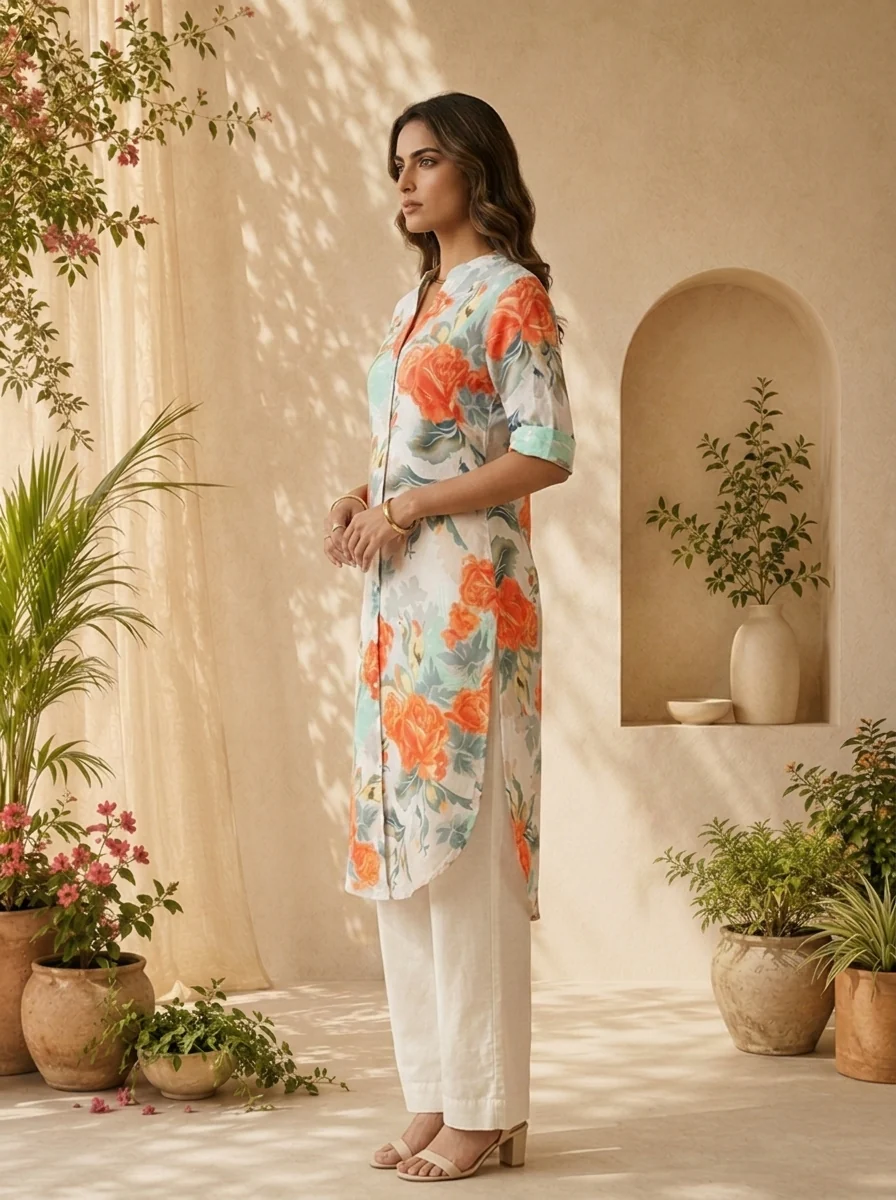 Orange Linen Floral Printed Straight Kurta - Image 4