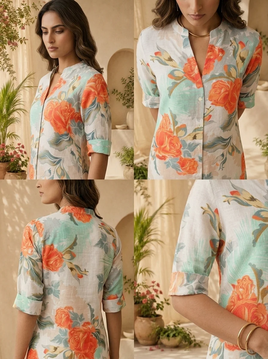Orange Linen Floral Printed Straight Kurta - Image 5