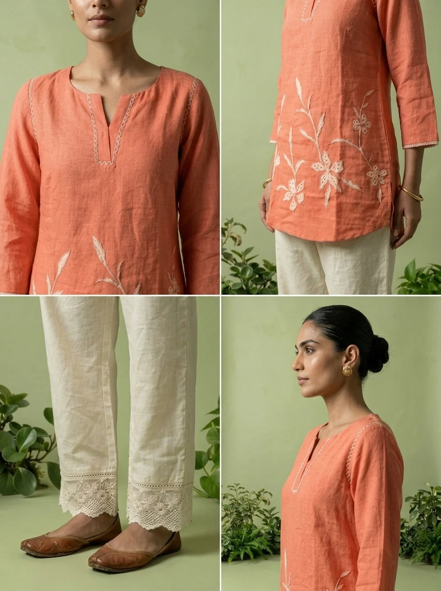 Orange Linen Floral Sequins Embroidery Kurti - Image 4