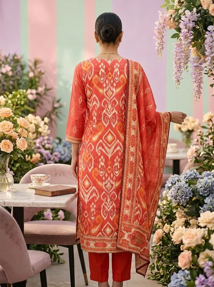 Orange Muslin Printed And Sequins Embroidery Three Piece Set - Image 2