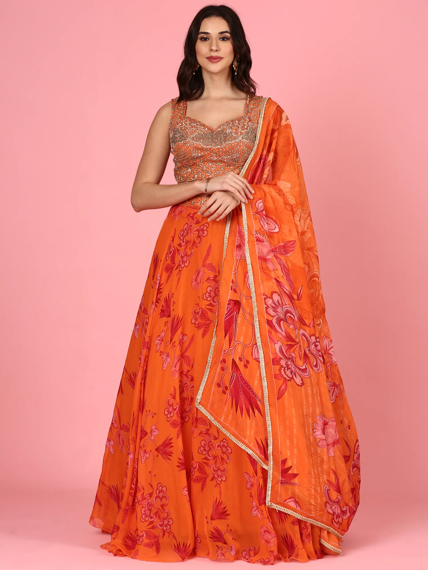 Orange organza embroidered Three piece ghagra set - Image 2