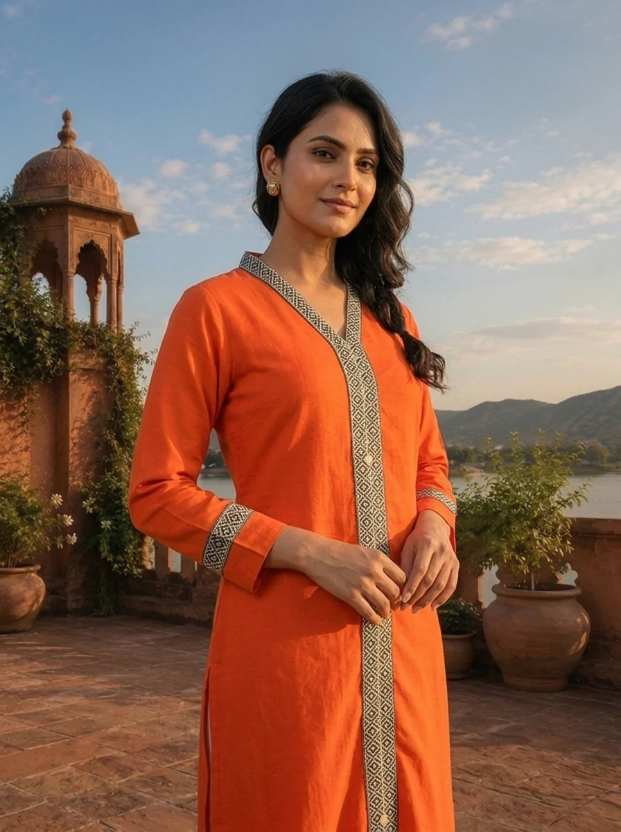 Orange Rayon Solid With Geometric Border Kurta - Image 4