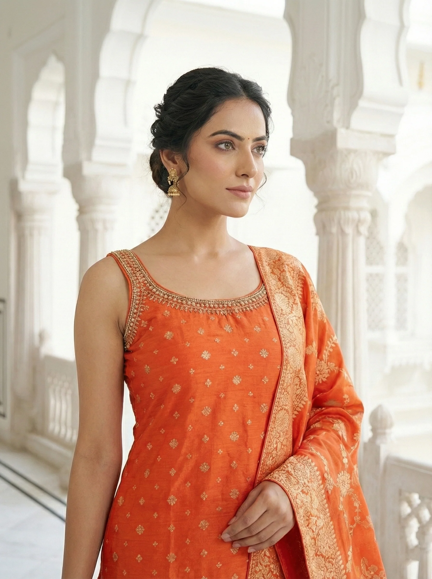 Orange Silk Floral Digital Print Suit Set - Image 2