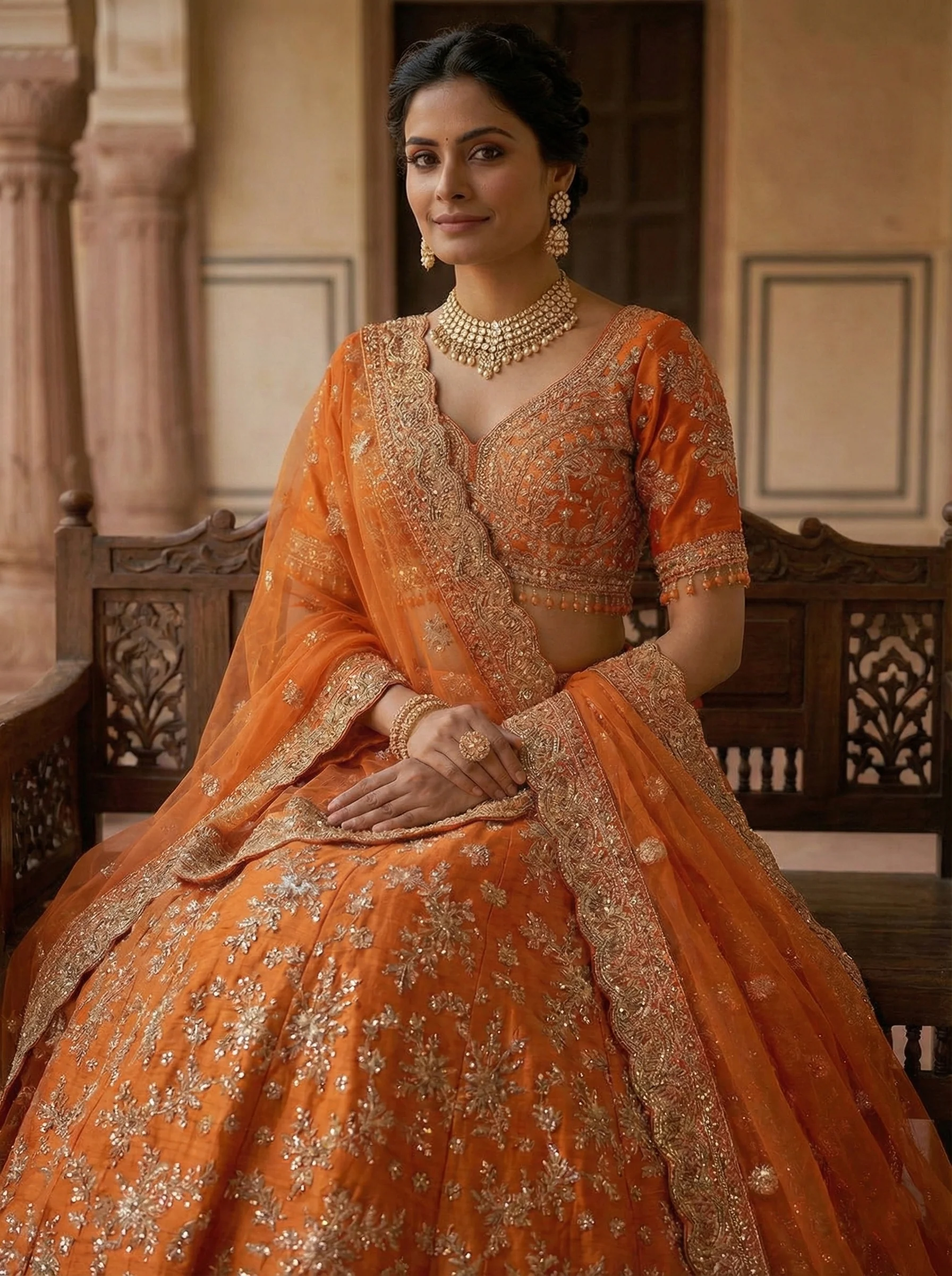 Orange Silk Heavy Zari Embroidery Ghagra Set - Image 3