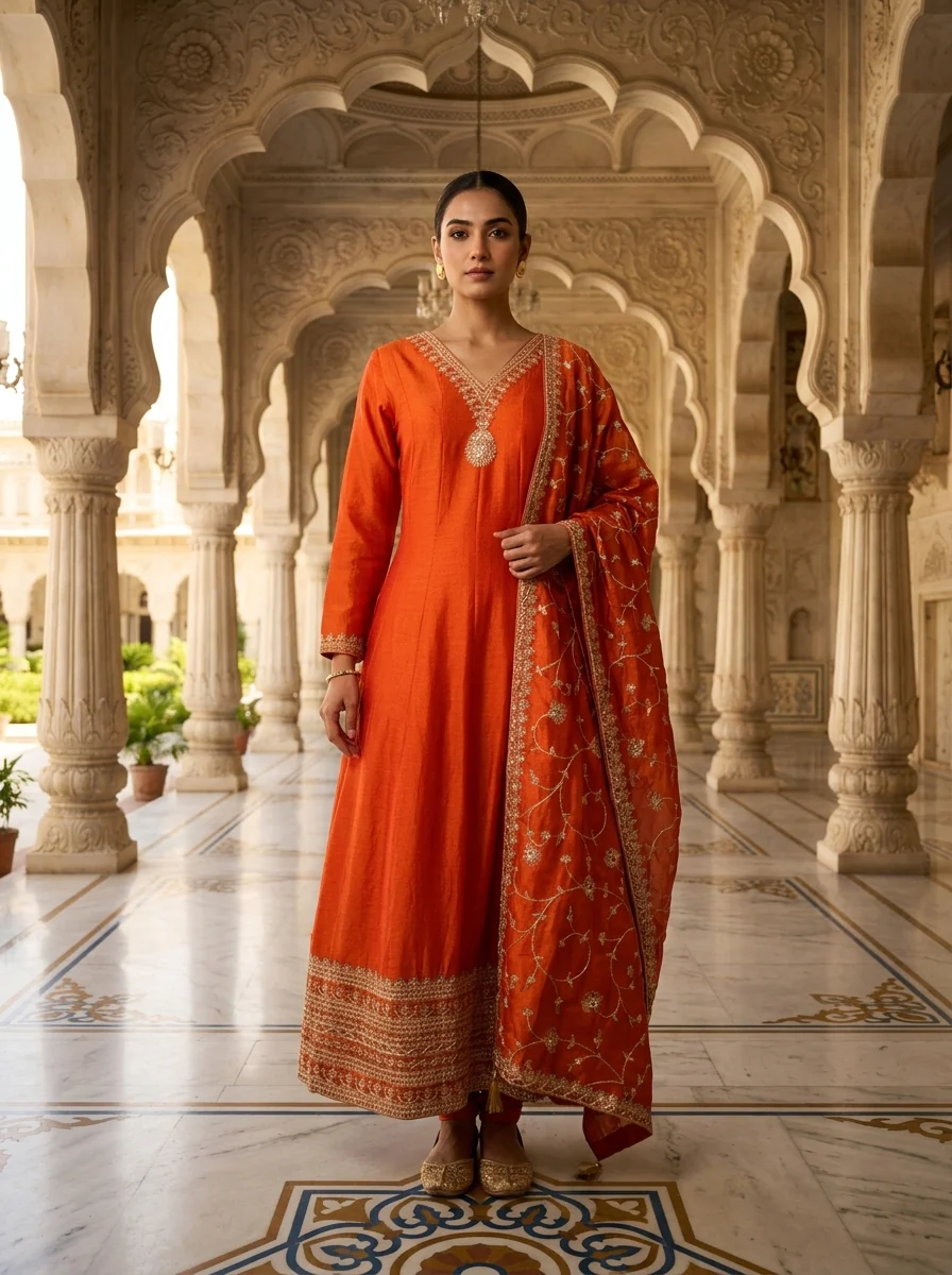 Orange Silk Sequins And Zari Embroidery Three Piece Set