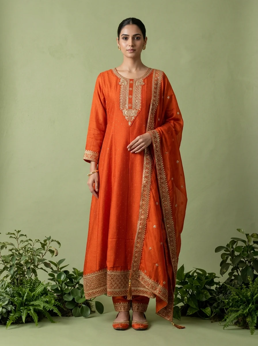Orange Silk Zari Embroidery Three Piece Set