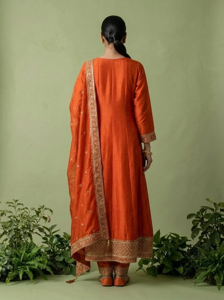 Orange Silk Zari Embroidery Three Piece Set - Image 3