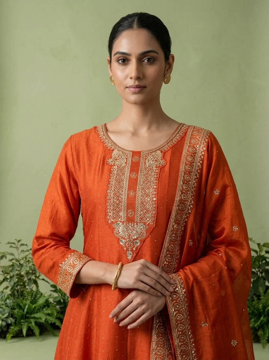 Orange Silk Zari Embroidery Three Piece Set - Image 4