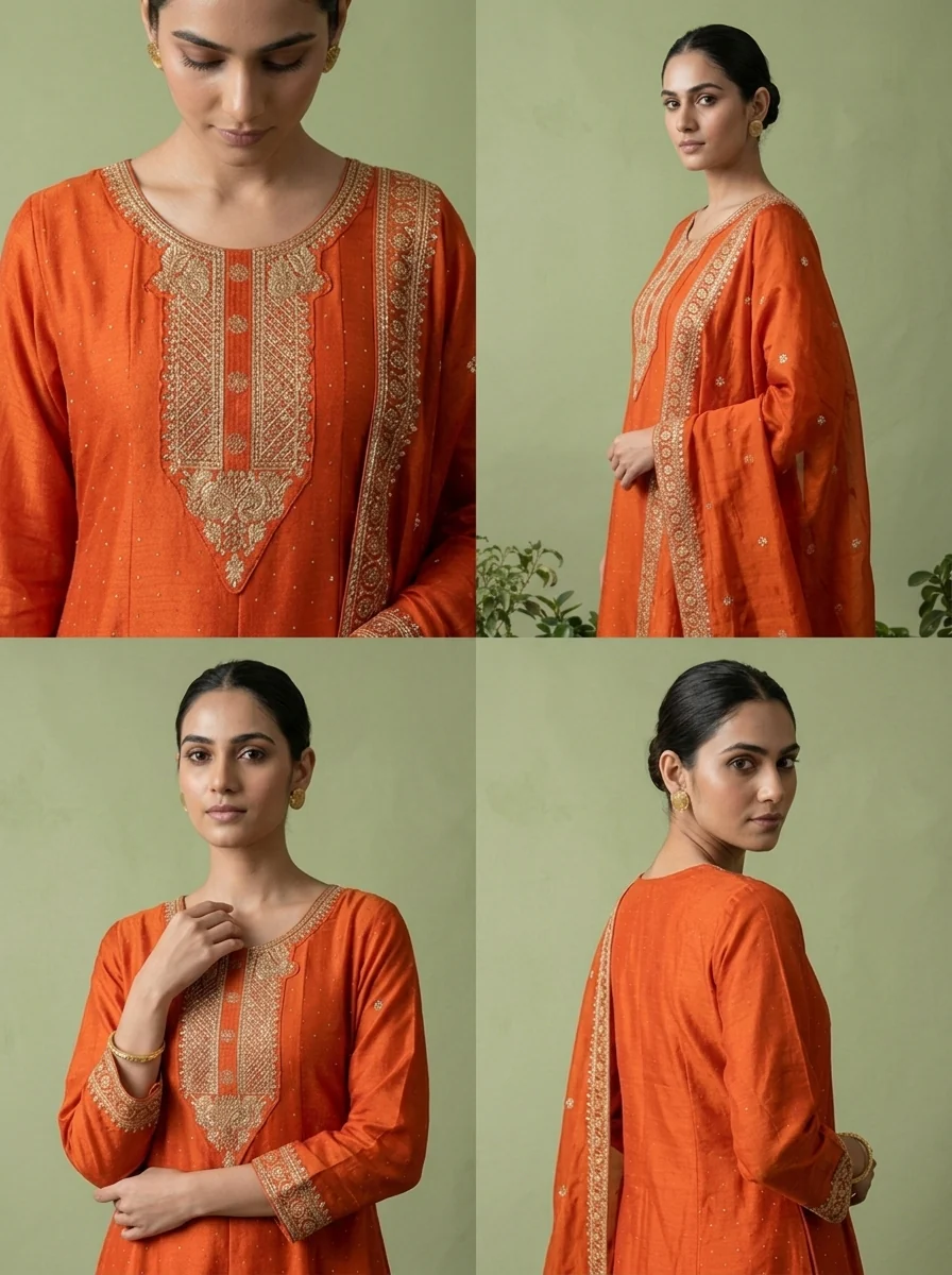 Orange Silk Zari Embroidery Three Piece Set - Image 5