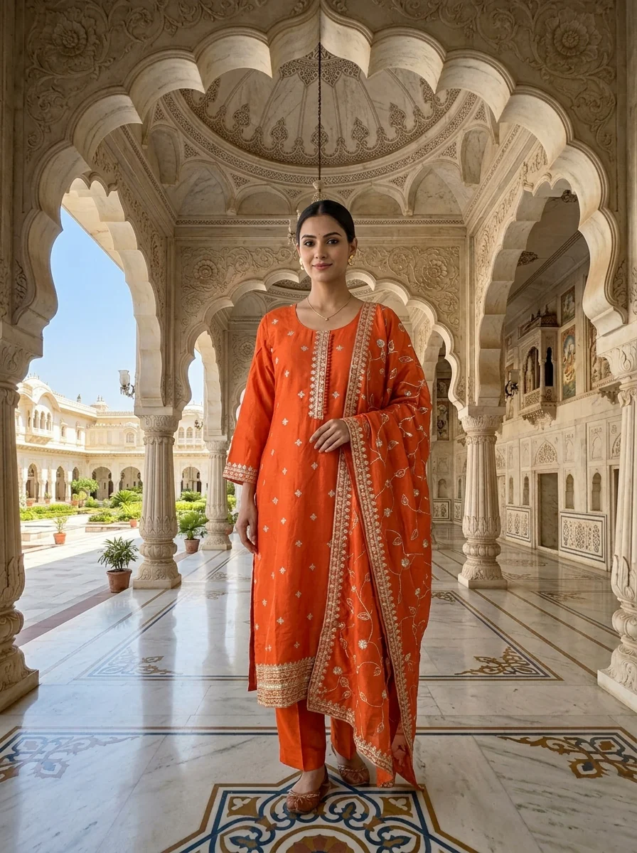 Orange Silk Zari Embroidery Three Piece Set