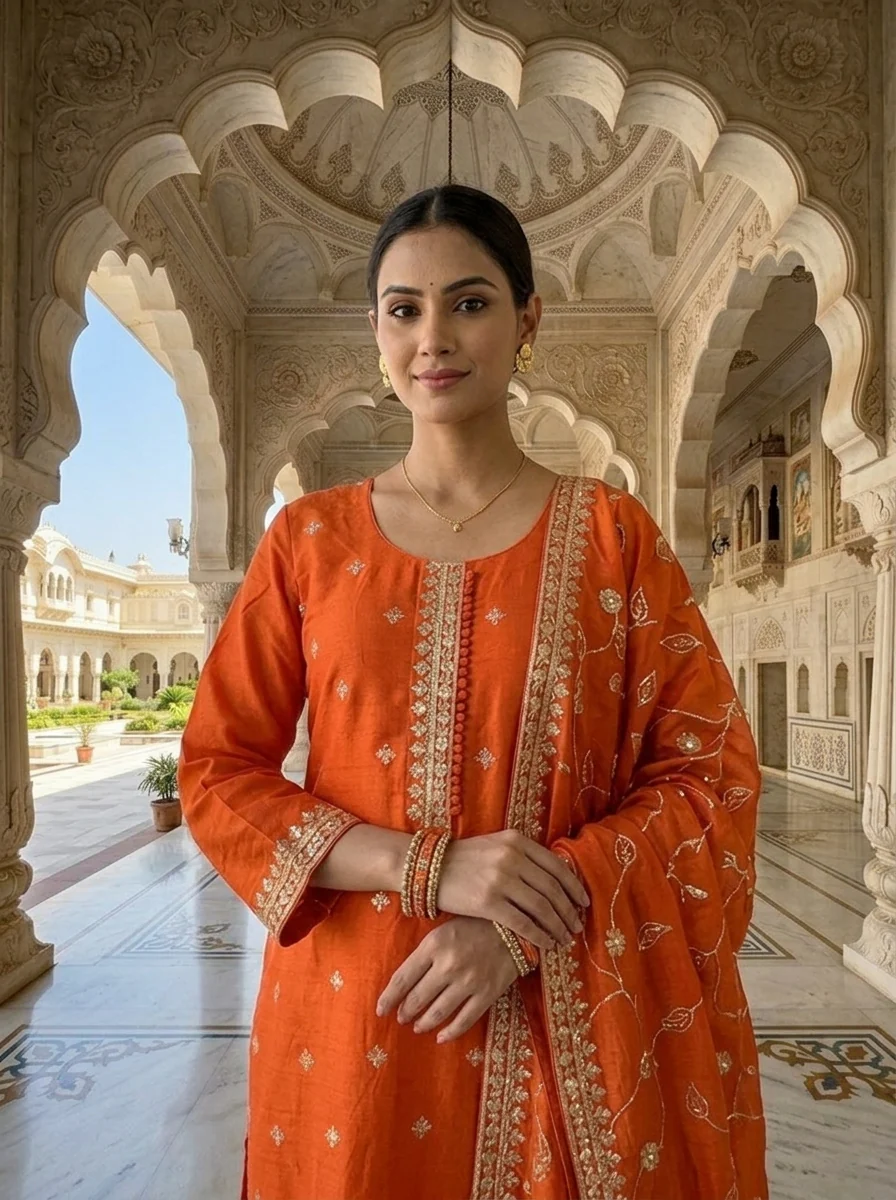 Orange Silk Zari Embroidery Three Piece Set - Image 4