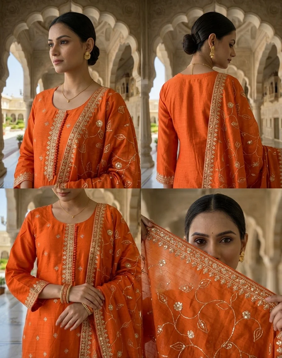 Orange Silk Zari Embroidery Three Piece Set - Image 5