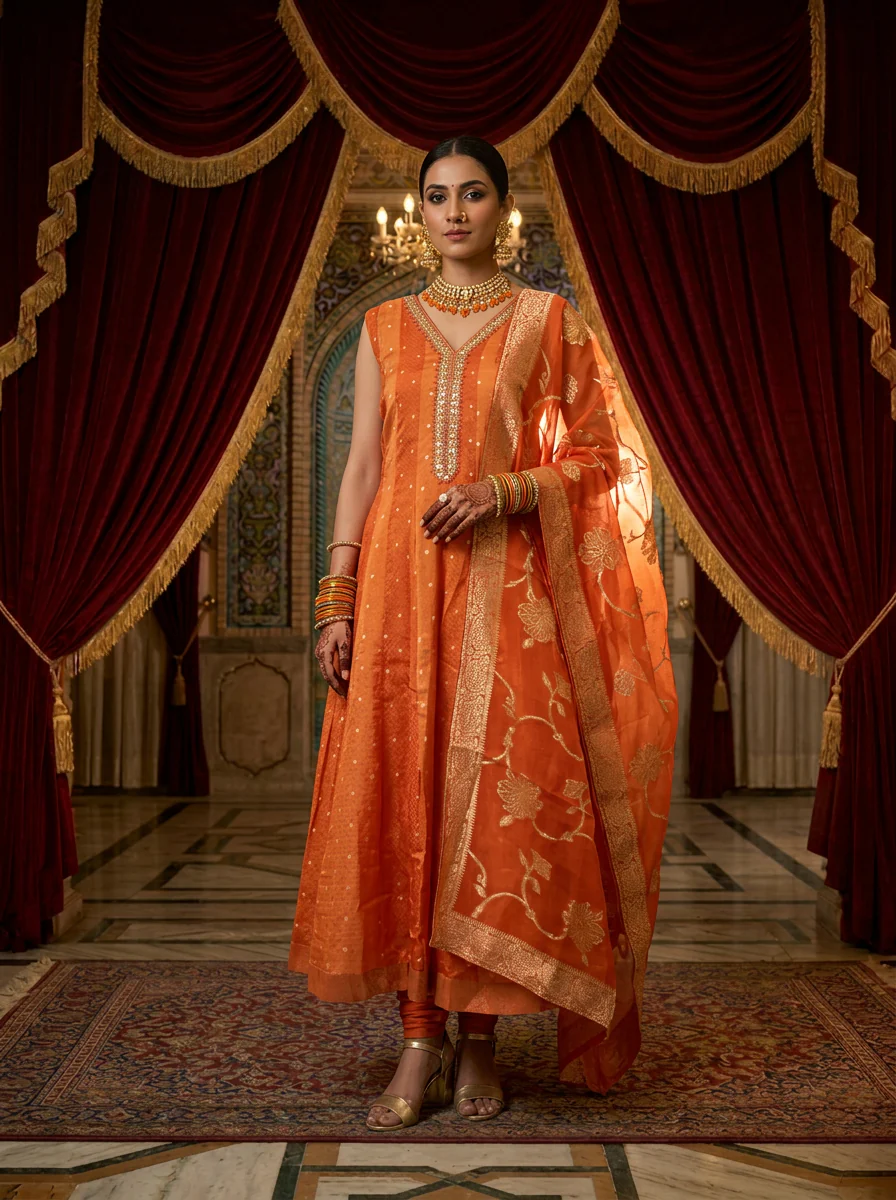 Orange Tissue Printed Three Piece Set
