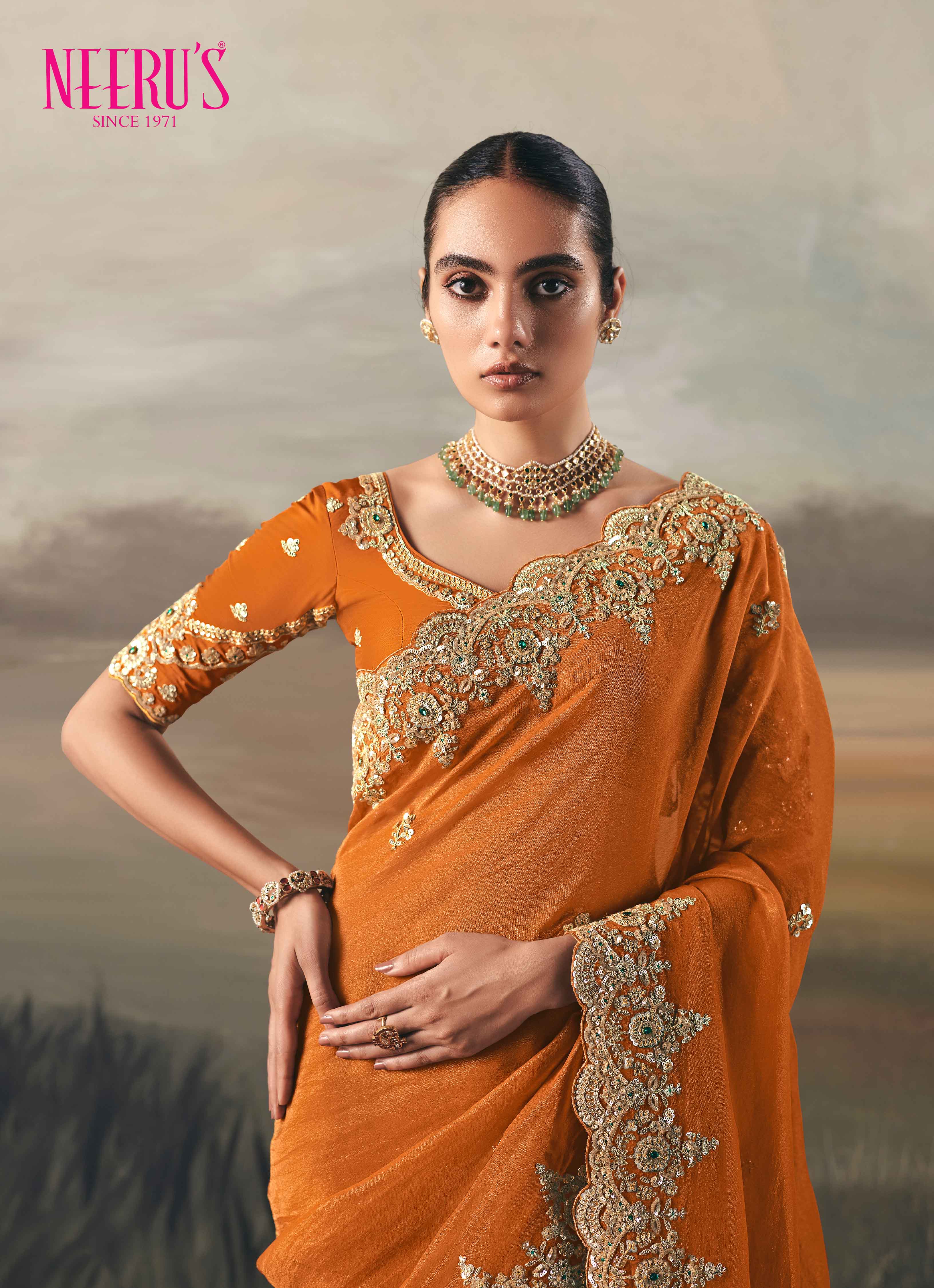 Orange Tissue Saree With Heavy Sequins Work - Image 2