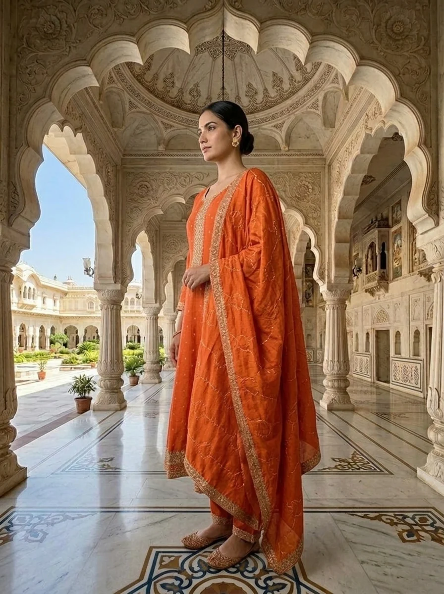 Orange Tissue Zari And Sequins Embroidery Three Piece Set - Image 3