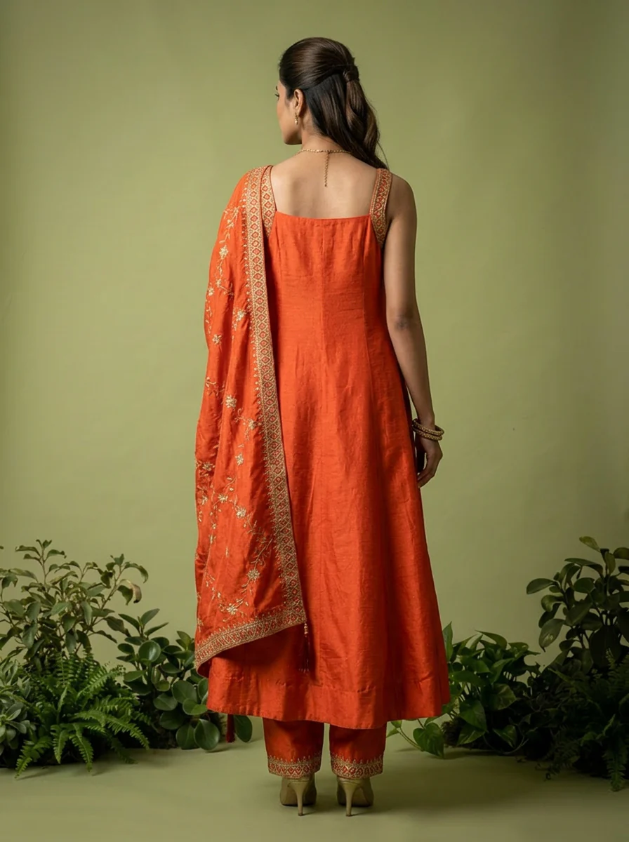 Orange Zari Paisley Design And Sequins Embroidery Silk Three Piece Set - Image 2