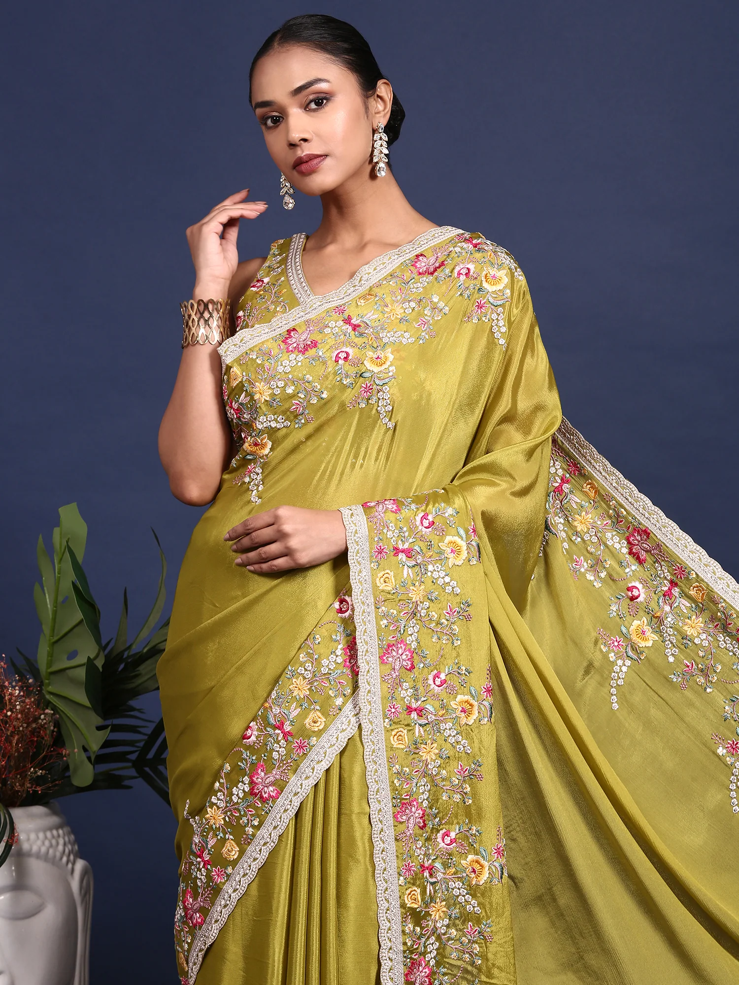 Parrot Green Crepe Embroidery Saree With Readymade Blouse - Image 2