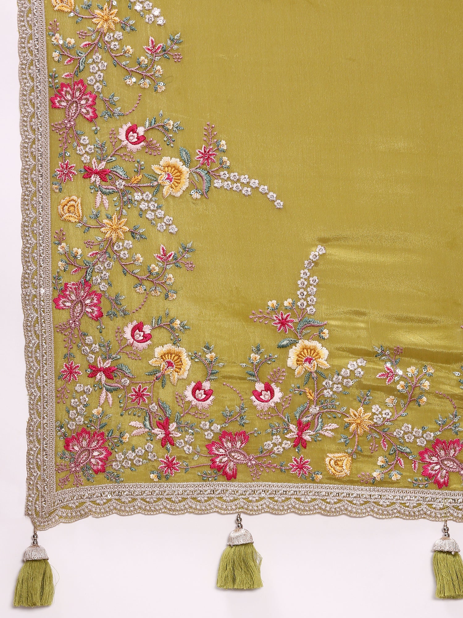 Parrot Green Crepe Embroidery Saree With Readymade Blouse - Image 6
