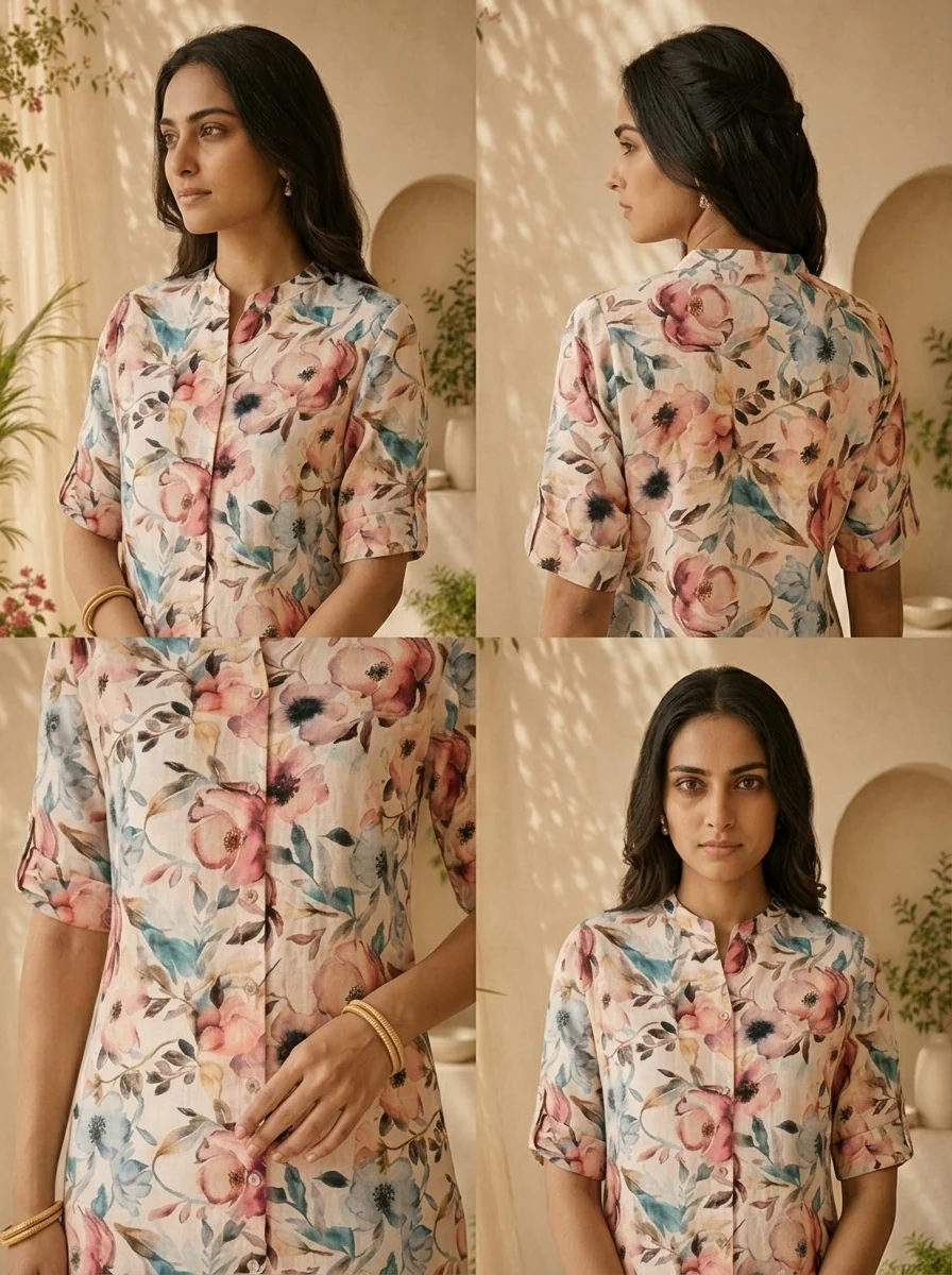 Pastel Floral Printed Linen Straight Kurta - Image 5
