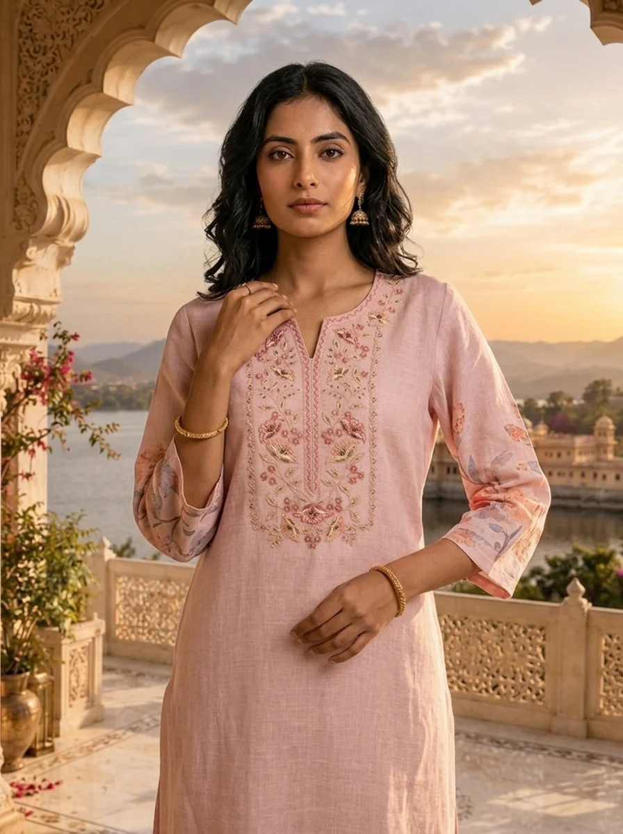 Pastel Pink Linen Floral Printed Two Piece Set - Image 4