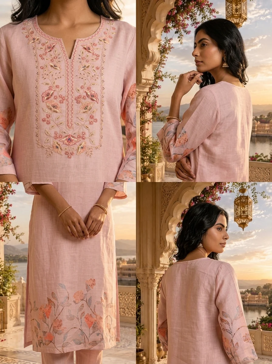Pastel Pink Linen Floral Printed Two Piece Set - Image 5