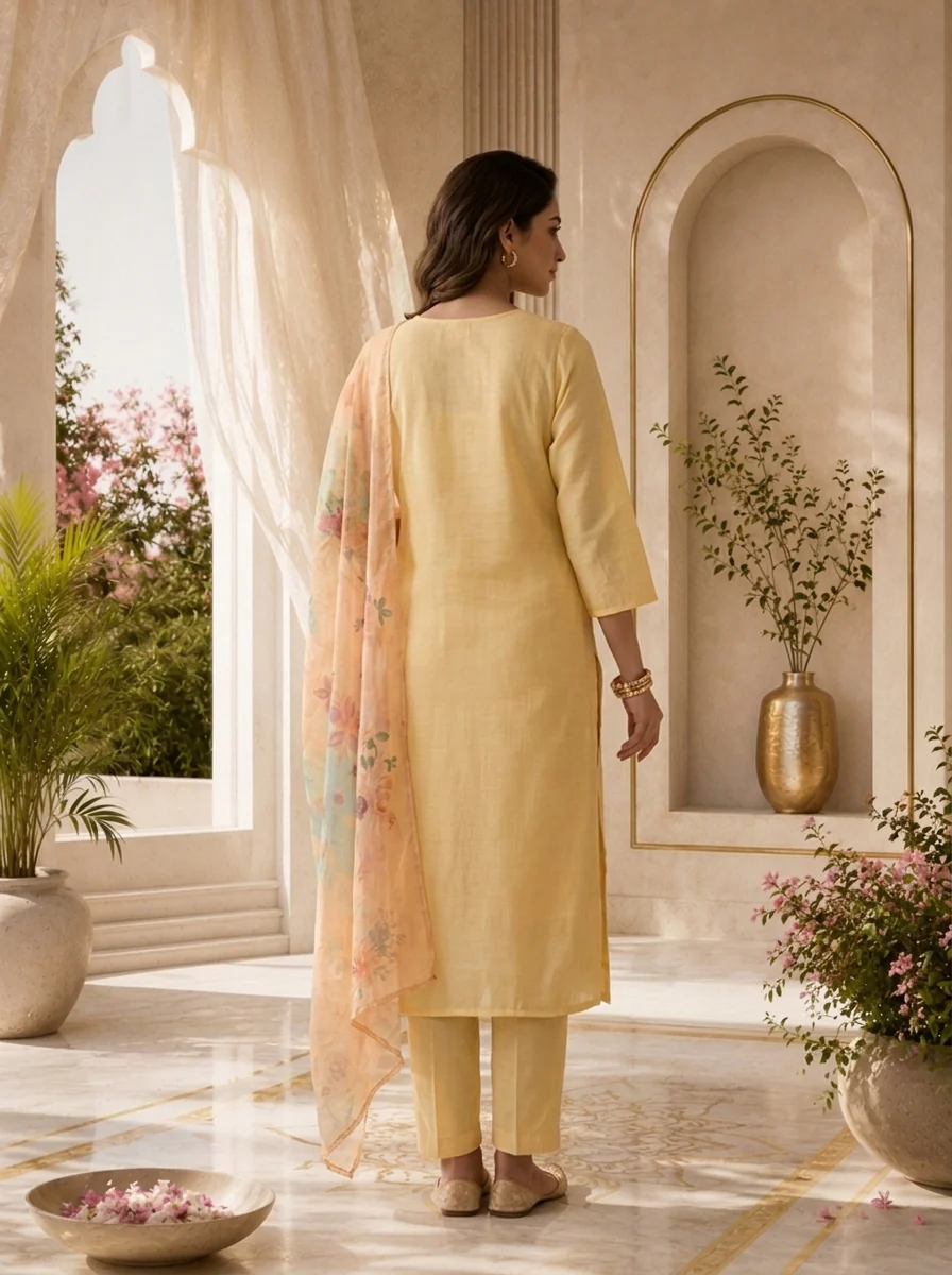 Pastel Yellow Muslin Three Piece Set With Floral Accents - Image 3