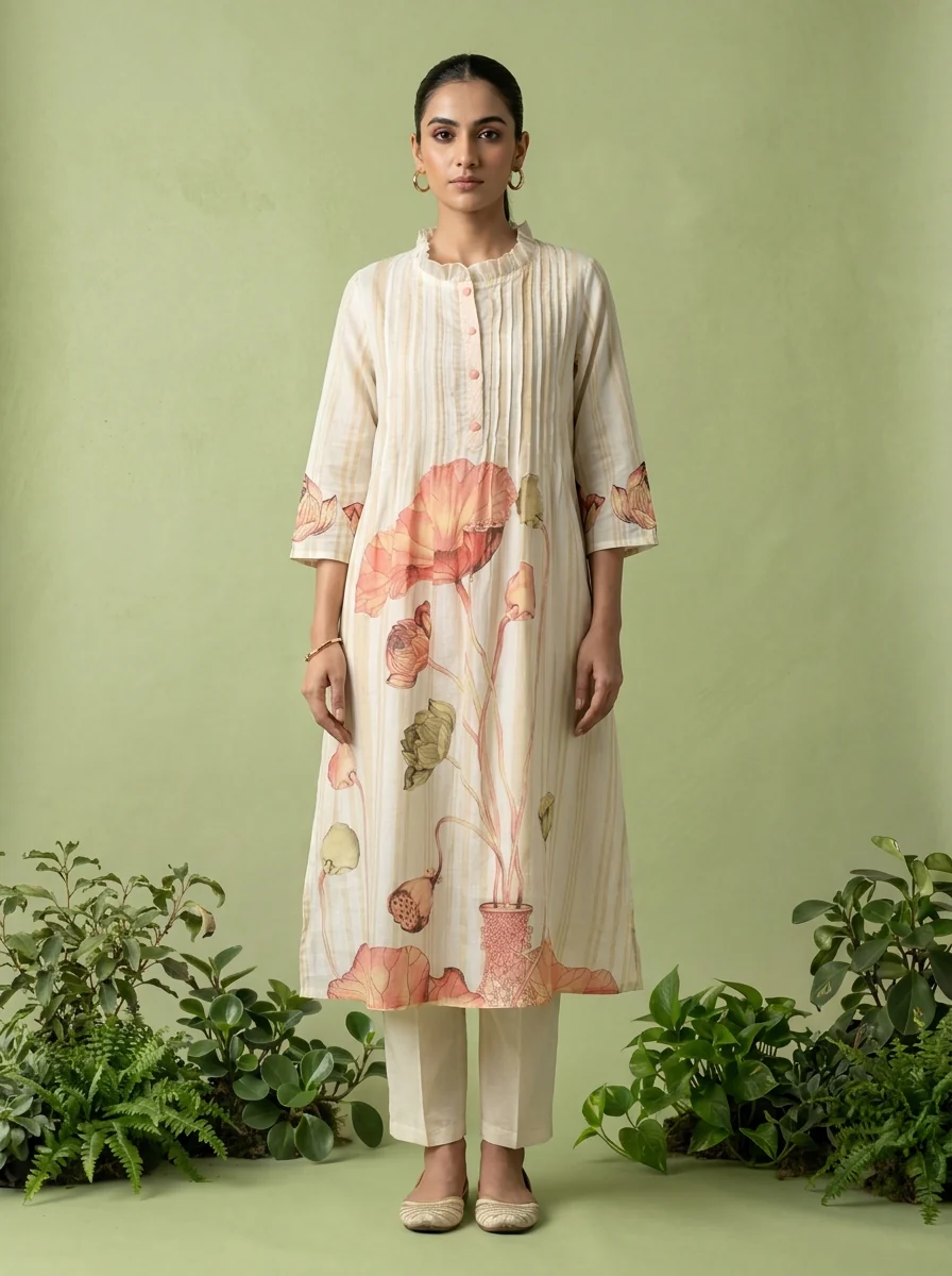 Peach And White Cotton Pleated Design Two Piece Set - Image 2