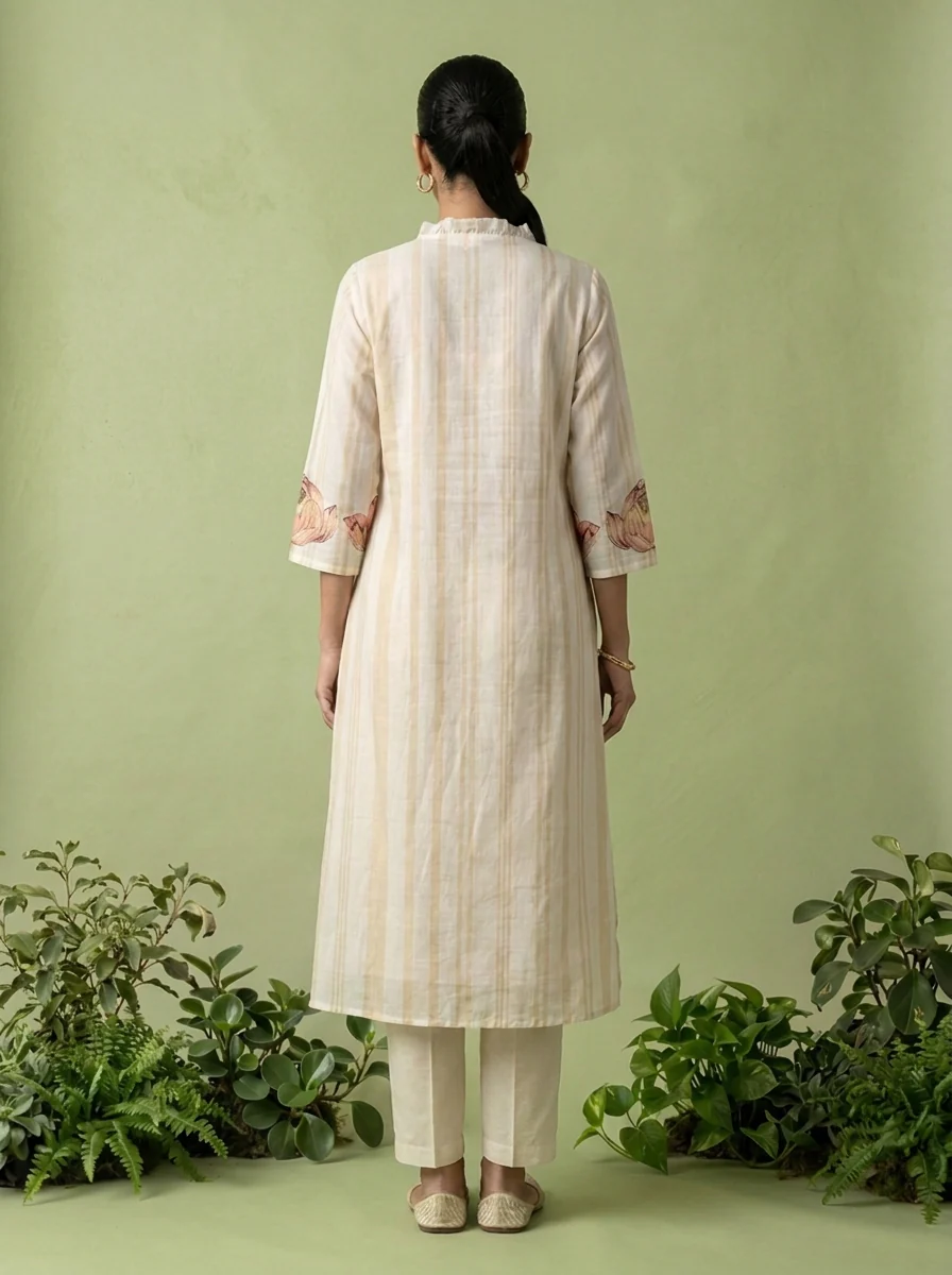 Peach And White Cotton Pleated Design Two Piece Set - Image 3