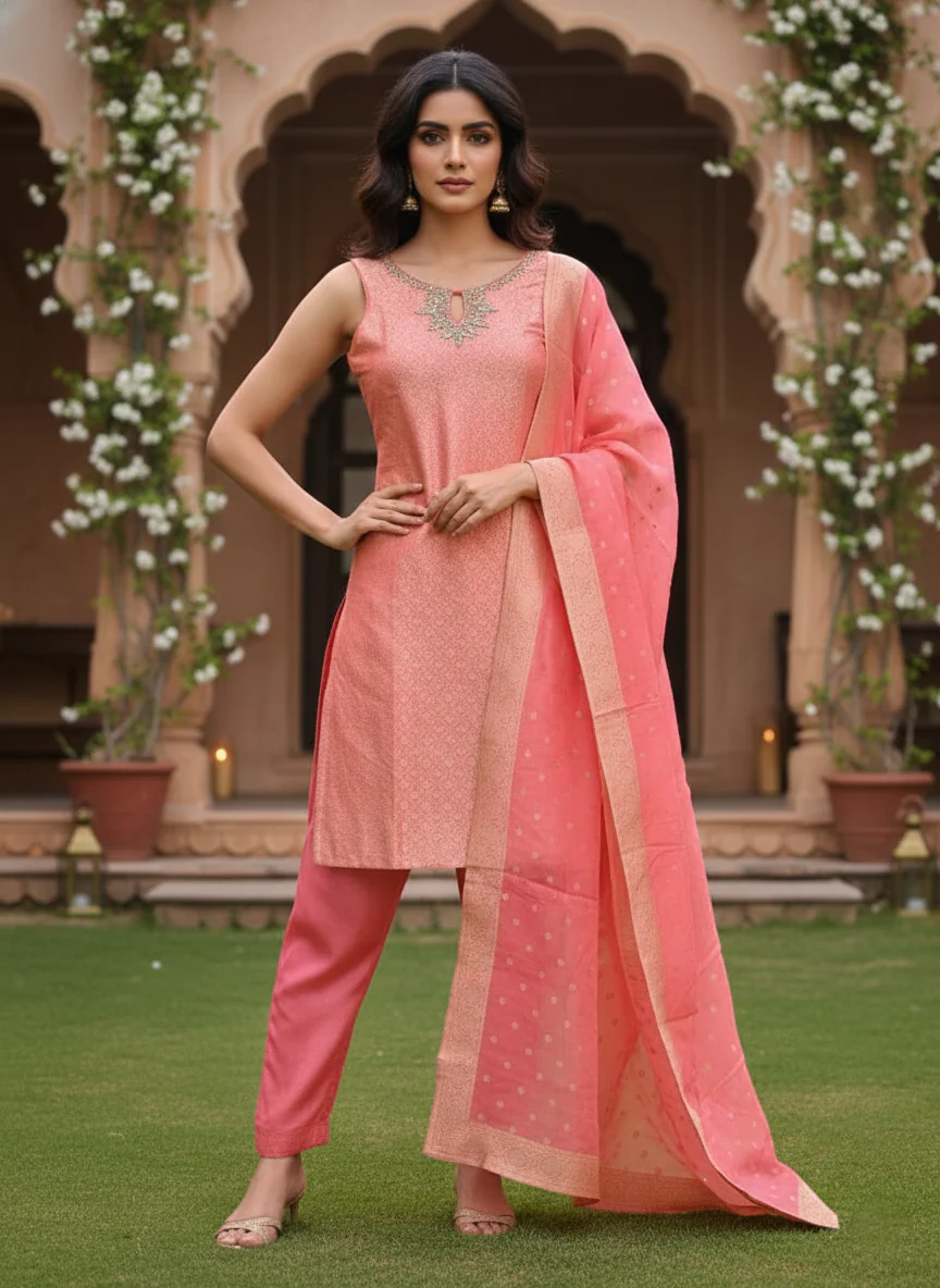 Peach Banaras Embroidery Suit Set - Image 2