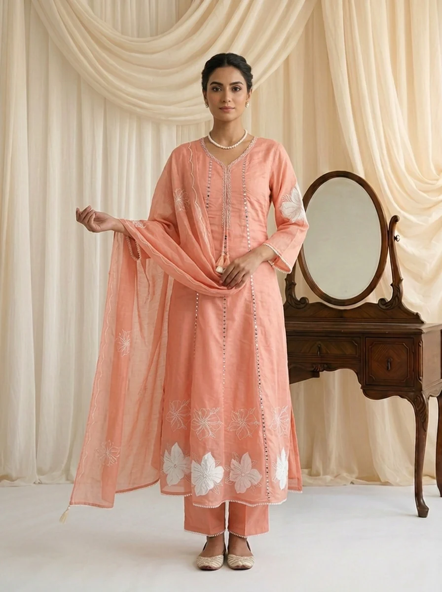 Peach Chanderi Mirror Embroidered Three Piece Set